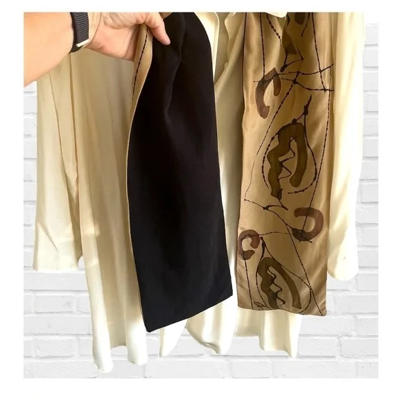Vintage Hand Painted Silk Reversible Scarf Lagenlook Geometric Art to Wear Tan